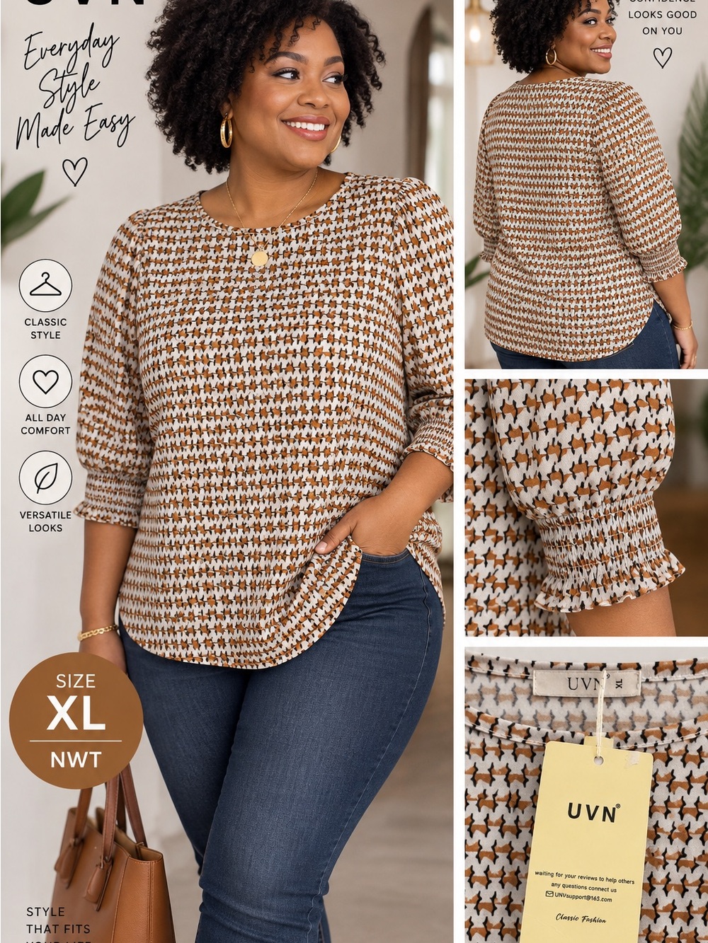 UVN Women’s XL Houndstooth Print 3/4 Sleeve Top NWT